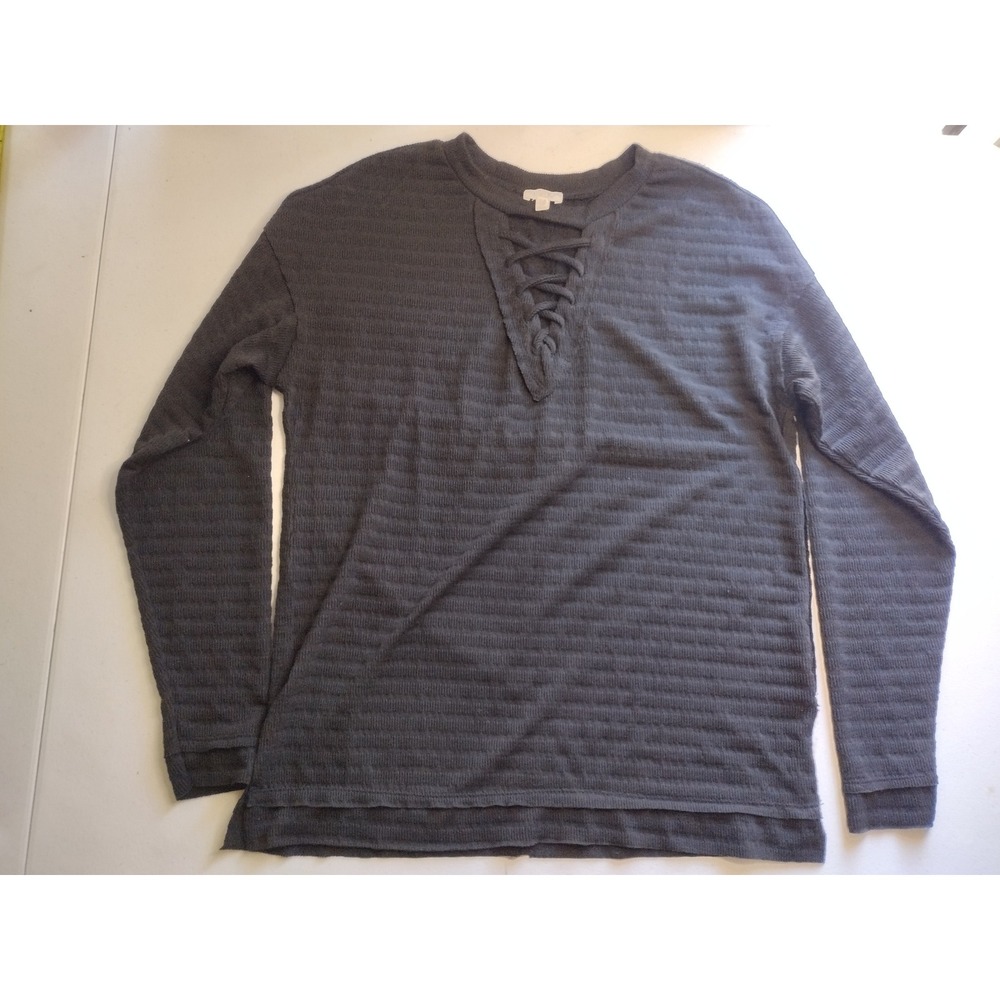 BKE Gray Striped Textured Long Sleeve Top Lace‎ Up V Neck XS Extra Small